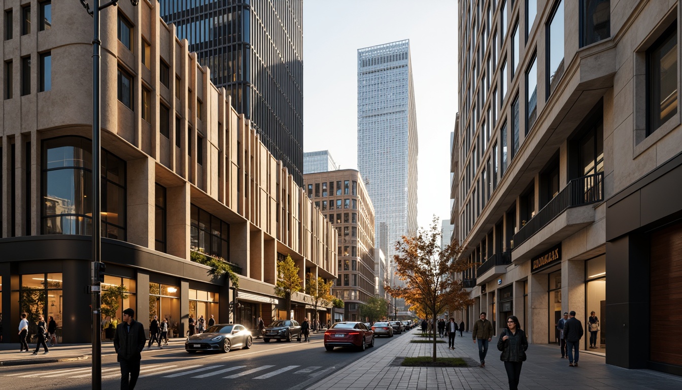 Prompt: Vibrant urban landscape, modern skyscrapers, sleek glass facades, metallic accents, neutral beige tones, rich wood textures, bold accent walls, sophisticated black and white contrasts, warm golden lighting, shallow depth of field, 3/4 composition, panoramic cityscape view, realistic urban textures, ambient occlusion.