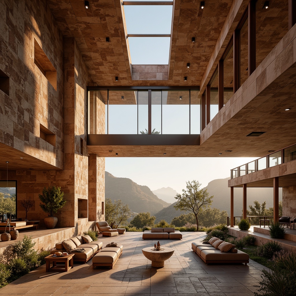 Prompt: Canyon-inspired architecture, natural rock formations, earthy tones, rugged textures, wooden accents, vast open spaces, cantilevered structures, floor-to-ceiling windows, skylights, clerestory windows, diffused soft light, warm golden hour, low-angle sunlight, misty atmosphere, foggy mornings, 1/2 composition, atmospheric perspective, subtle depth cues, natural stone flooring, reclaimed wood furniture, woven textiles, Southwestern patterns, desert flora, cacti silhouettes.