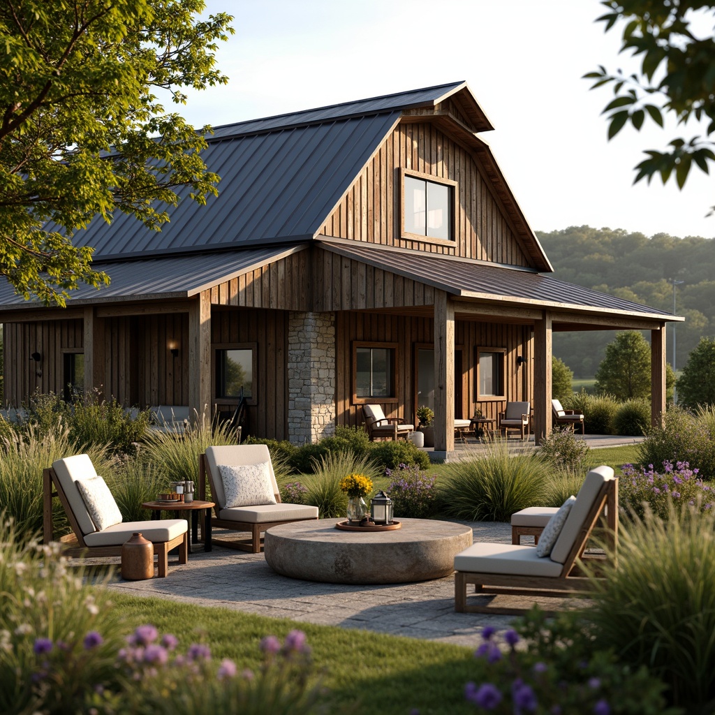 Prompt: Rustic barn, neoclassical fa\u00e7ade, natural stone walls, wooden accents, vintage metal roofs, lush greenery, blooming wildflowers, rolling hills, serene countryside, warm sunny day, soft diffused lighting, shallow depth of field, 1/1 composition, intimate atmosphere, cozy outdoor seating, plush cushions, distressed wood furniture, lantern-style lighting, nature-inspired textiles, earthy color palette.