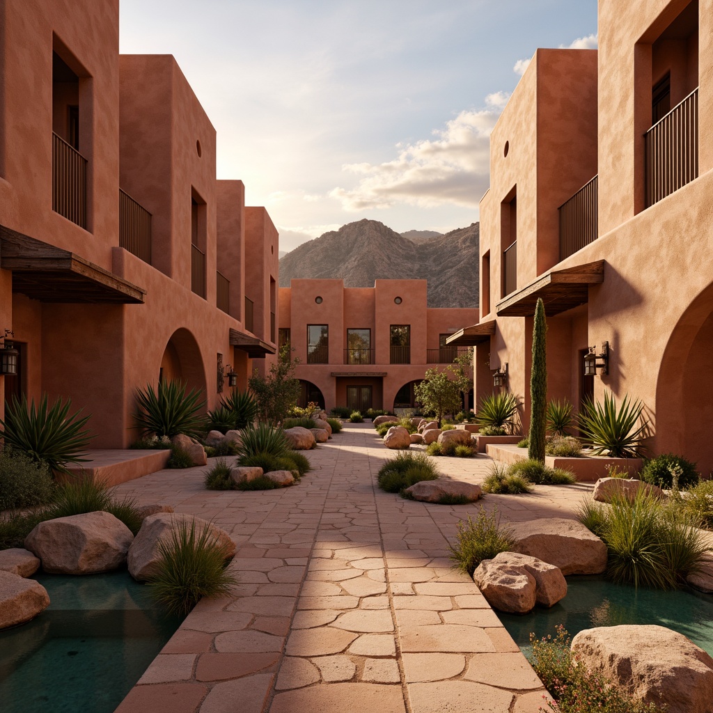 Prompt: Warm adobe buildings, rustic stone walls, earthy red rock formations, lush green cacti, vibrant turquoise accents, soft sandy walkways, tranquil water features, serene desert landscapes, dramatic sunset skies, warm golden lighting, shallow depth of field, 1/2 composition, intimate close-ups, realistic textures, ambient occlusion.