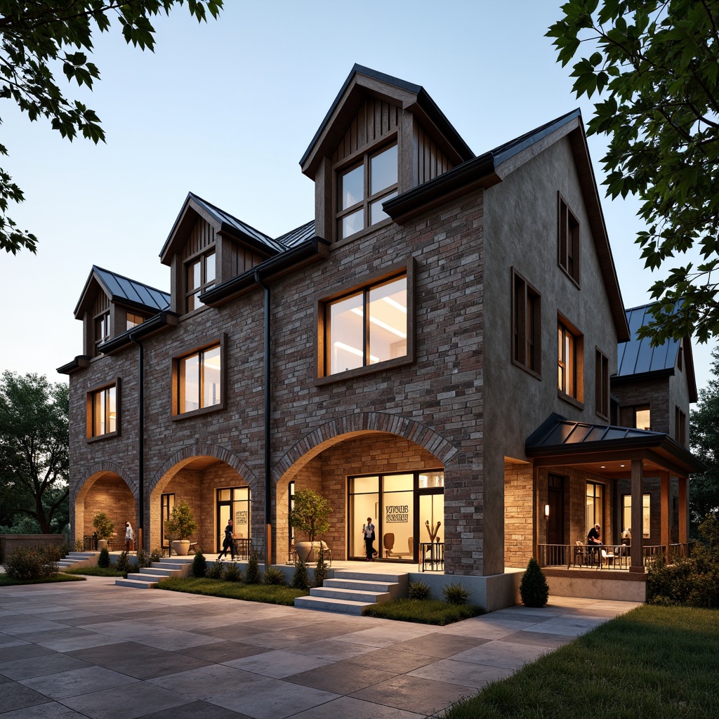 Prompt: Rustic gymnasium facade, regionalism style, earthy tones, natural stone cladding, wooden accents, steeply pitched roofs, dormer windows, ornate brickwork, grand entrance archways, modern athletic facilities, vibrant sports equipment, dynamic lighting, dramatic shadows, 1/2 composition, shallow depth of field, soft warm glow, realistic textures, ambient occlusion.