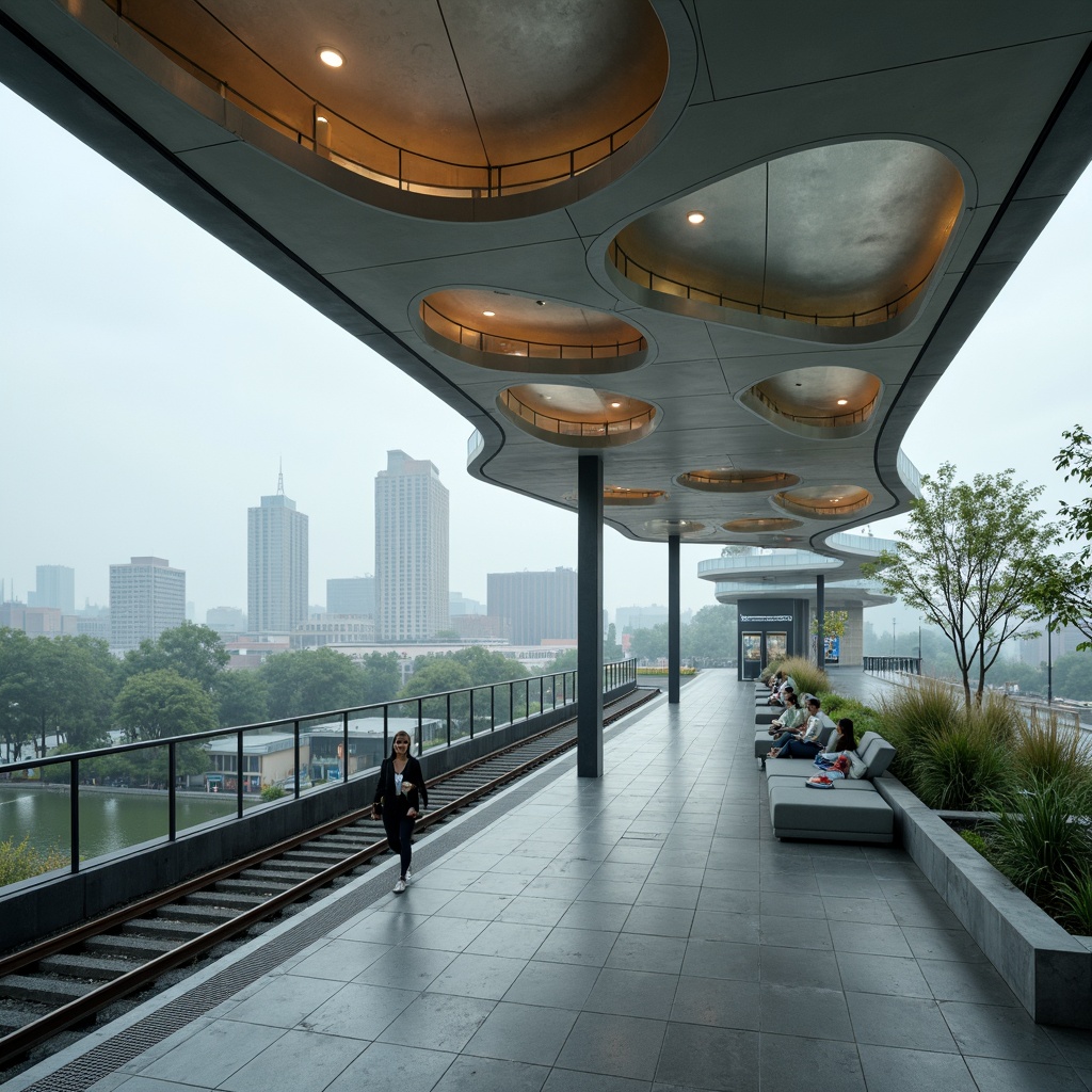 Prompt: Curved tram station, futuristic blob architecture, organic forms, undulating walls, wavy rooflines, translucent membranes, soft diffused lighting, iridescent materials, gradient colors, misty atmosphere, urban landscape, cityscape views, metropolitan vibe, sleek modern furniture, minimalist decor, natural stone flooring, metallic accents, atmospheric soundscape, shallow depth of field, 1/1 composition, realistic textures, ambient occlusion.