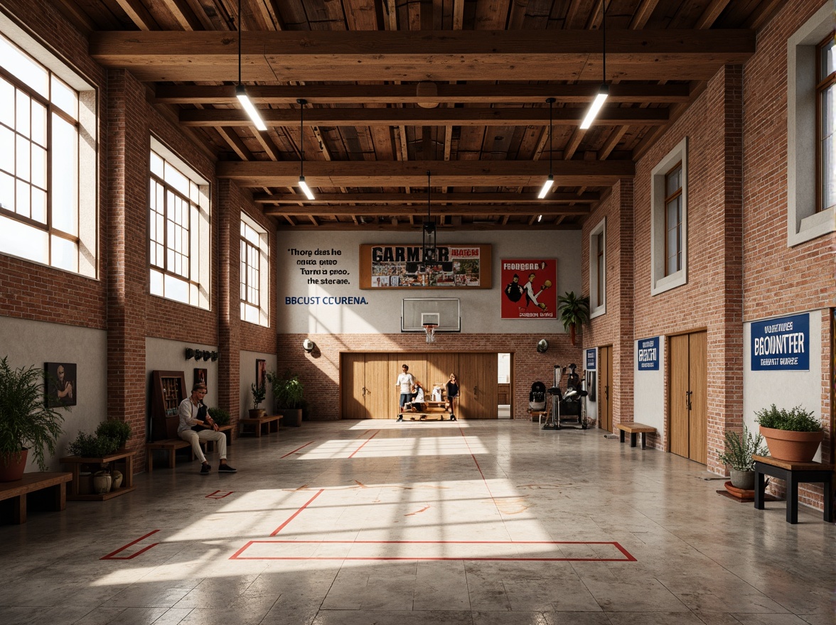 Prompt: Regionalist gymnasium interior, exposed brick walls, wooden beams, natural stone flooring, rustic metal accents, vintage sports equipment, nostalgic athletic trophies, motivational quotes, large windows, abundant natural light, high ceilings, open spaces, functional layout, minimalist decor, earthy color palette, warm cozy ambiance, softbox lighting, realistic textures, ambient occlusion, 3/4 composition, shallow depth of field.