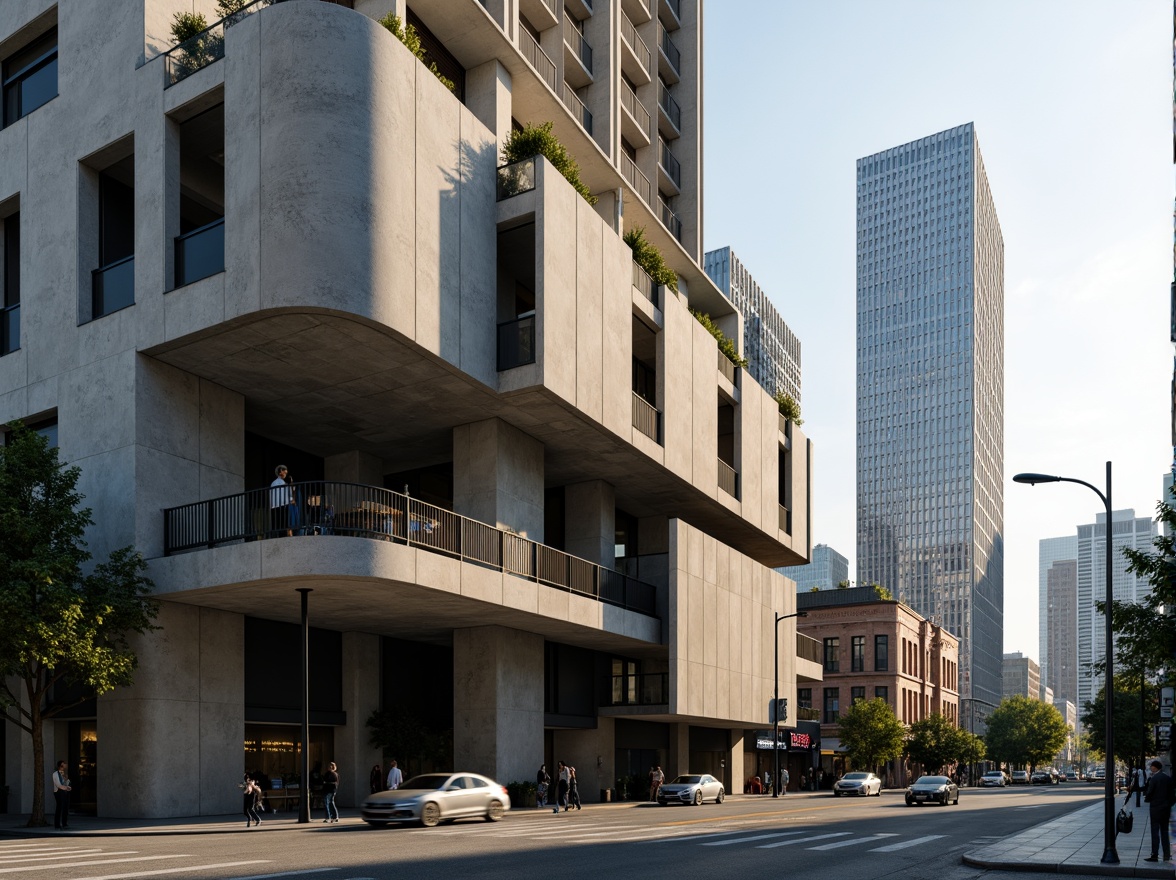 Prompt: Exterior facade, brutalist architecture, raw concrete textures, angular geometries, cantilevered volumes, industrial steel beams, minimalist ornamentation, functional simplicity, urban cityscape, busy streets, modern skyscrapers, afternoon sunlight, high-contrast shadows, 1/2 composition, wide-angle lens, dramatic lighting, atmospheric perspective.