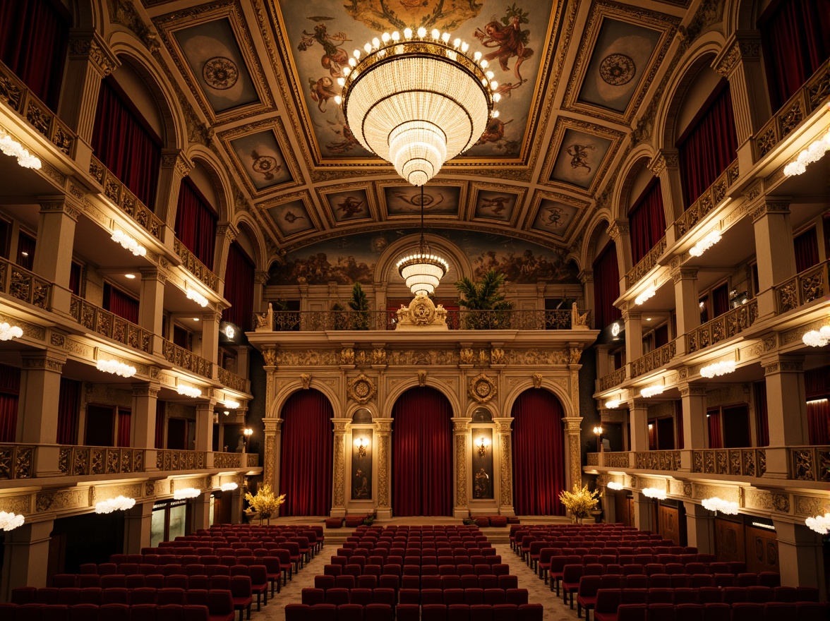 Prompt: Ornate Renaissance-style auditorium, grandiose chandeliers, intricate stone carvings, luxurious velvet drapes, golden accents, ornamental plasterwork, decorative frescoes, rich wood paneling, gilded moldings, elegant balconies, sweeping staircases, majestic archways, dramatic spotlights, warm ambient lighting, soft focus blur, 2/3 composition, cinematic framing, realistic textures, subtle depth of field.