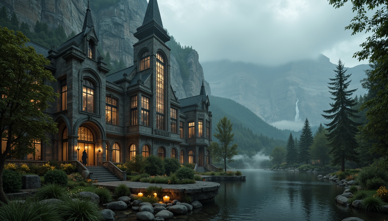 Prompt: Mystical towers, Gothic Revival architecture, intricate stone carvings, ornate ironwork, grandiose entrance gates, winding staircases, mystical lanterns, warm golden lighting, misty atmosphere, foggy mountains, lush green forests, serene lakeside, overcast sky, dramatic cloud formations, cinematic composition, high contrast ratio, vivid color palette, detailed textures, ambient occlusion.