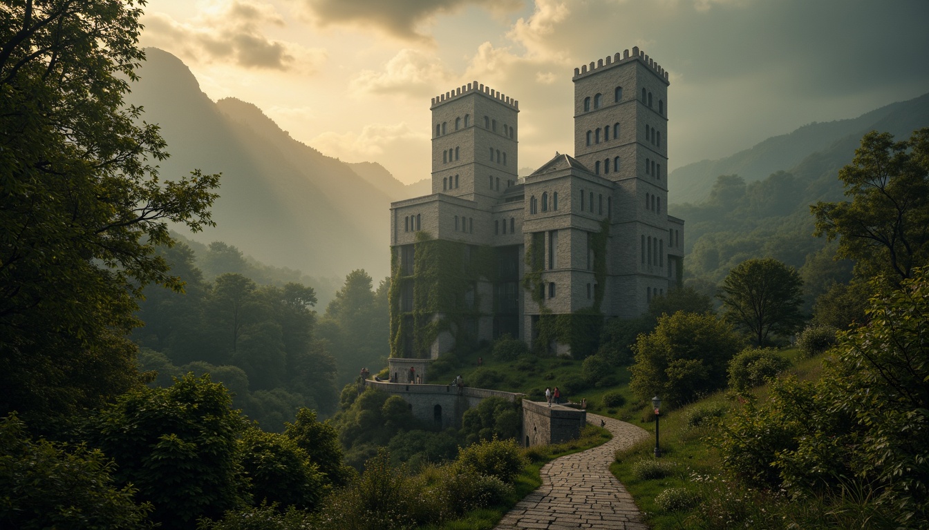 Prompt: Majestic medieval towers, ivy-covered stone walls, grandeur architectural style, mystical misty atmosphere, dreamy soft focus, warm golden lighting, dramatic cloud formations, rolling hills, lush green forests, winding stone pathways, ancient trees, twinkling fireflies, subtle lens flares, cinematic 2.39 composition, atmospheric depth of field, realistic foliage, intricate stonework textures, mysterious ambient sounds.