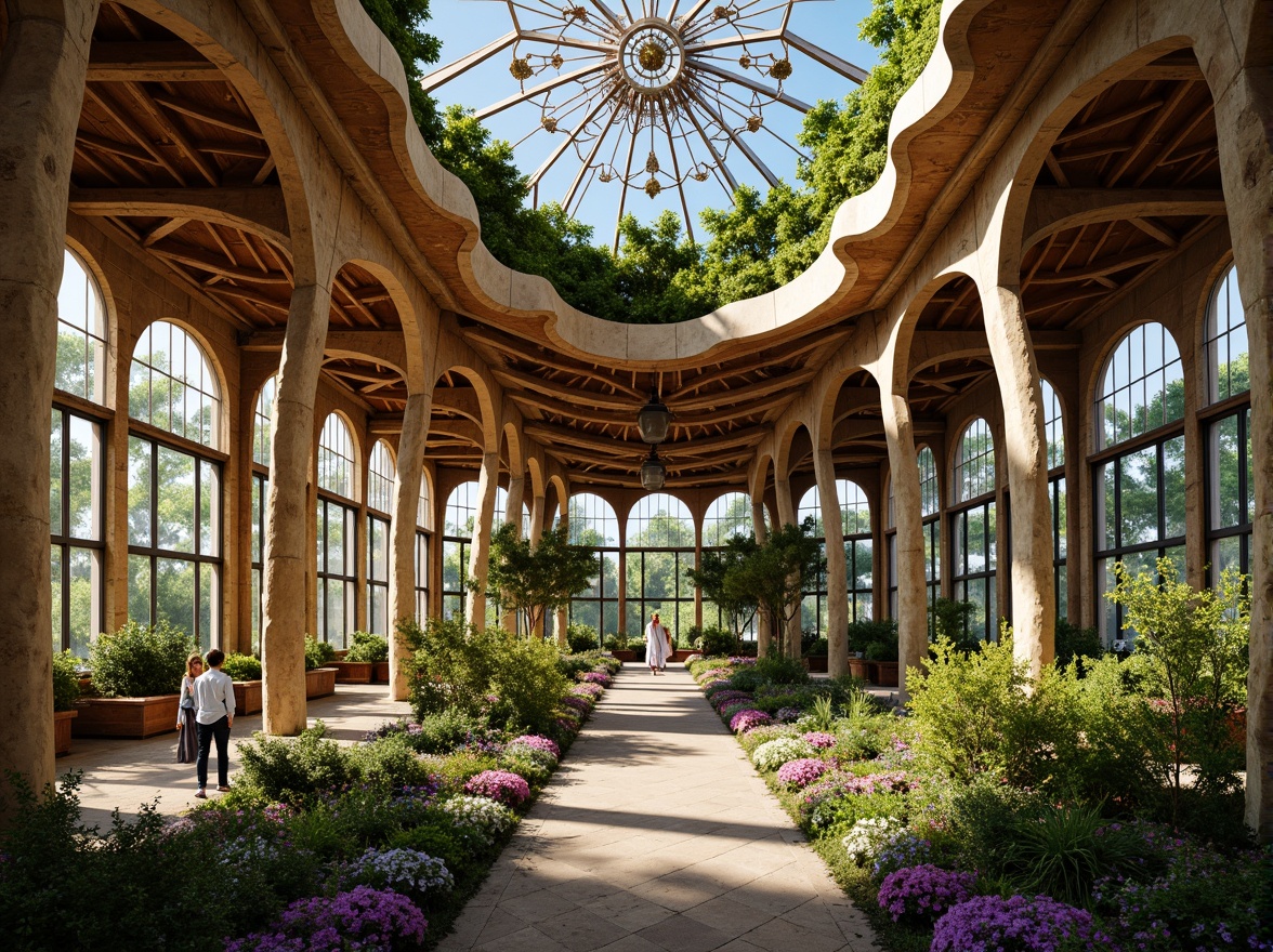 Prompt: Organic pavilion, curved lines, floral patterns, natural stone columns, wooden beams, wavy roofs, stained glass windows, intricate ironwork, lush greenery, blooming flowers, vibrant colors, soft warm lighting, shallow depth of field, 1/1 composition, panoramic view, realistic textures, ambient occlusion.