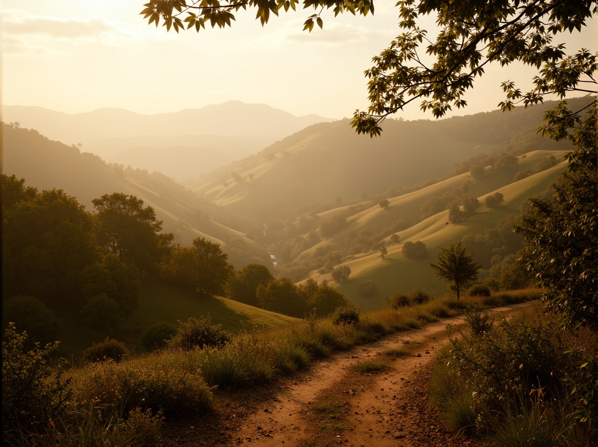 Prompt: 1 composition, soft focus effect, romantic warm lighting, serene countryside atmosphere, rolling hills, winding dirt paths, mature trees, scenic vistas, panoramic views, realistic textures, ambient occlusion.