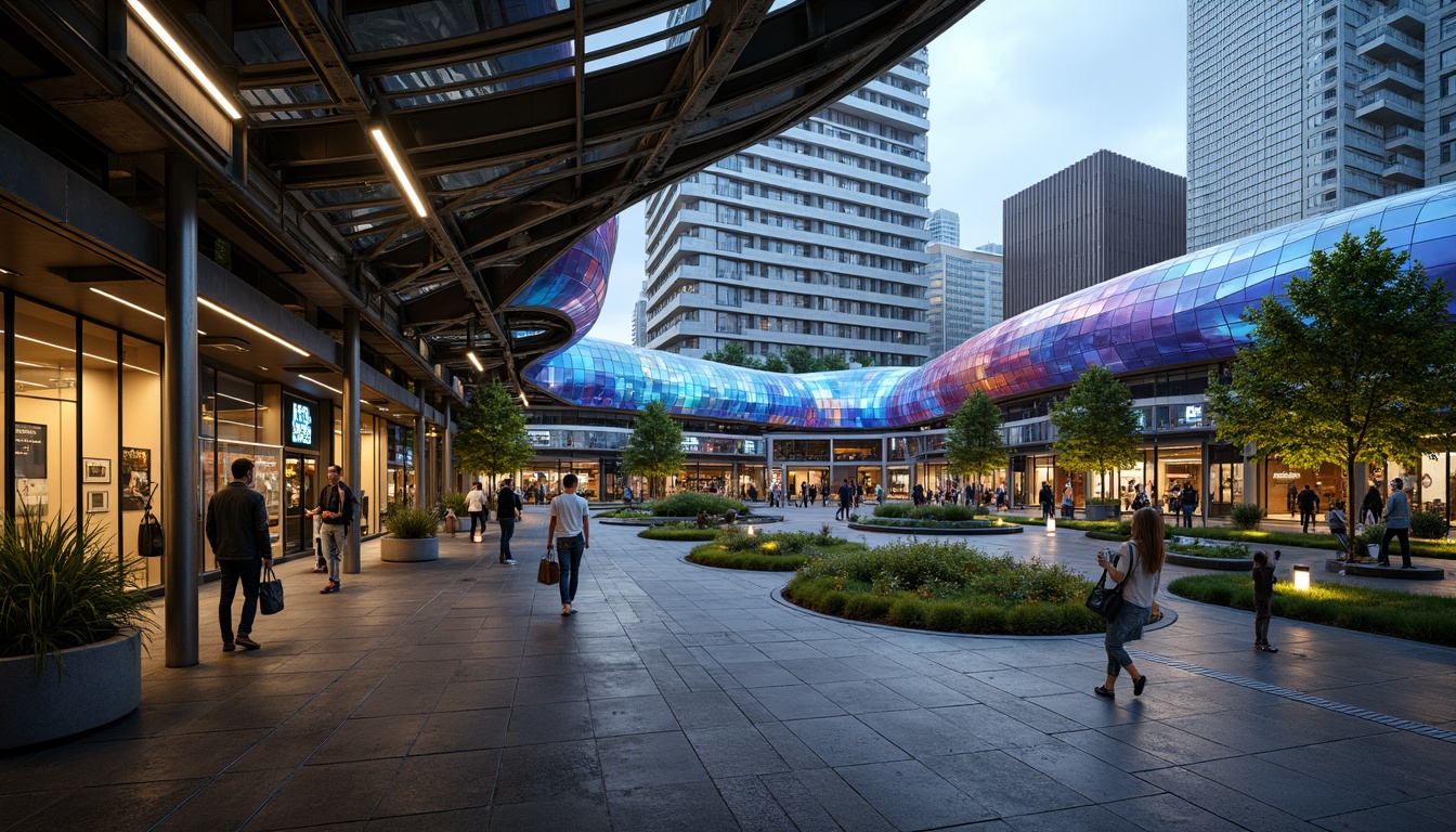 Prompt: Curved tram station, undulating rooflines, iridescent glass fa\u00e7ade, flowing organic shapes, bulbous structures, futuristic architecture, neon-lit signage, sleek metal accents, polished concrete floors, vibrant green walls, natural ventilation systems, soft diffused lighting, shallow depth of field, 1/2 composition, wide-angle lens, realistic reflections, ambient occlusion, moss-covered surroundings, urban landscape.