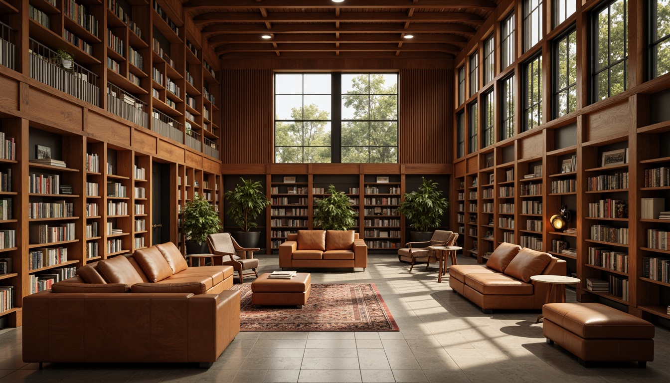 Prompt: Cozy library atmosphere, warm wood shelving, rich leather furniture, plush carpeting, natural stone flooring, soft box lighting, comfortable reading nooks, wooden paneling, earthy color palette, vintage book collections, minimalist decor, modern architecture, large windows, plenty of natural light, calm ambiance, subtle texture variations, realistic material reflections, shallow depth of field, 1/2 composition.