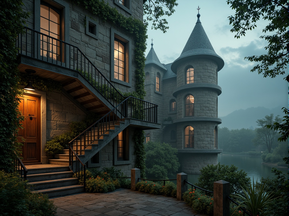 Prompt: Rustic towers, winding stone staircases, ivy-covered walls, ancient moss, mysterious fog, dreamy moonlight, warm golden lighting, soft focus, shallow depth of field, 1/2 composition, intimate framing, romantic landscapes, misty forests, rolling hills, serene lakes, vintage architectural details, ornate ironwork, stained glass windows, cozy lanterns, whimsical florals, nostalgic atmosphere.