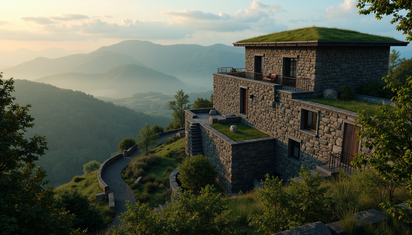 Prompt: Secluded watchtower, rugged stone walls, lush green roofs, winding staircases, panoramic views, rolling hills, serene countryside, misty dawn, warm soft lighting, atmospheric fog, mysterious ambiance, ancient architectural style, weathered wooden accents, natural stone foundations, overgrown vegetation, hidden pathways, secluded seating areas, rustic metal railings, 1/2 composition, cinematic framing, realistic foliage, subtle depth of field.