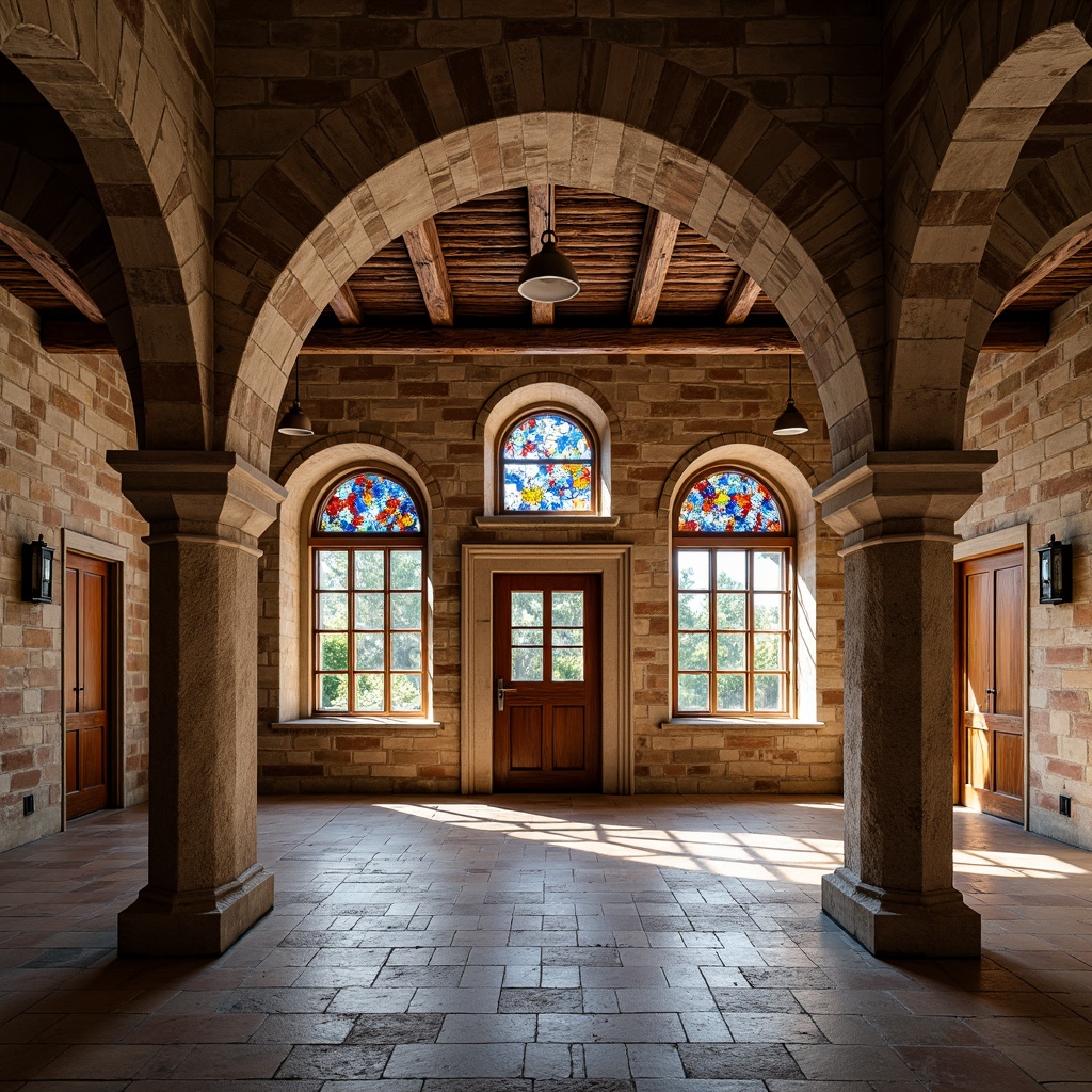 Prompt: Rustic school building, Romanesque style architecture, weathered stone fa\u00e7ade, ornate carvings, grand entrance archways, sturdy brick walls, clay roof tiles, wooden doorways, metal lanterns, vibrant stained glass windows, natural wood flooring, earthy color palette, warm cozy lighting, shallow depth of field, 1/1 composition, realistic textures, ambient occlusion.