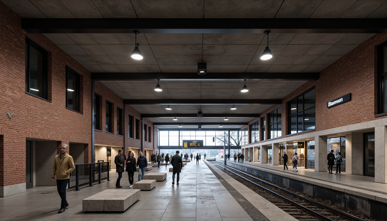 Prompt: Industrial Bauhaus train station, exposed brick walls, concrete floors, metal beams, industrial lighting fixtures, modernist architectural style, functional simplicity, clean lines, minimal ornamentation, raw material textures, brutalist aesthetics, urban cityscape, busy pedestrian traffic, rush hour atmosphere, natural stone platforms, steel railings, minimalist signage, rectangular shapes, monochromatic color scheme, high-contrast shadows, dramatic lighting effects, 1/2 composition, shallow depth of field, realistic render.