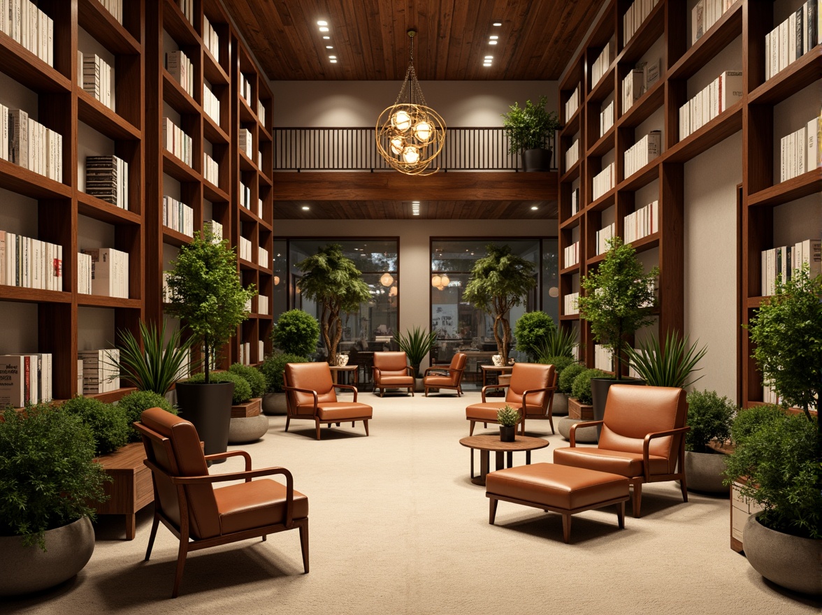 Prompt: Rich wooden shelves, warm beige carpets, soft leather armchairs, natural stone walls, modern metal bookcases, vibrant green plants, cozy reading nooks, comfortable seating areas, elegant chandeliers, warm warm lighting, shallow depth of field, 1/1 composition, realistic textures, ambient occlusion, quiet atmosphere, studious ambiance.