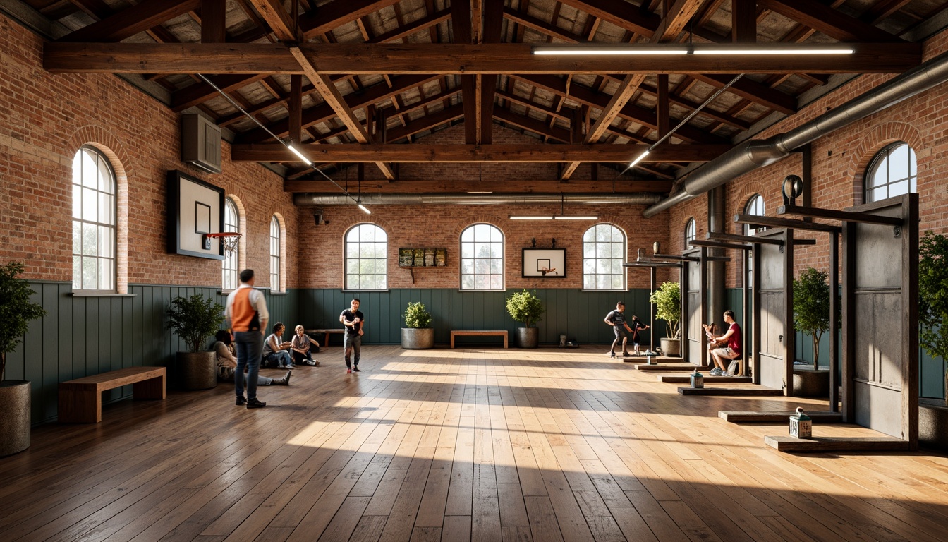 Prompt: Rustic wooden floors, exposed brick walls, vintage sports equipment, industrial metal beams, reclaimed wood accents, regionalistic architectural details, functional training areas, modern exercise machines, dynamic lighting fixtures, suspended basketball hoops, spacious open layouts, natural stone columns, earthy color palette, warm cozy atmosphere, softbox lighting, 1/1 composition, realistic textures, ambient occlusion.