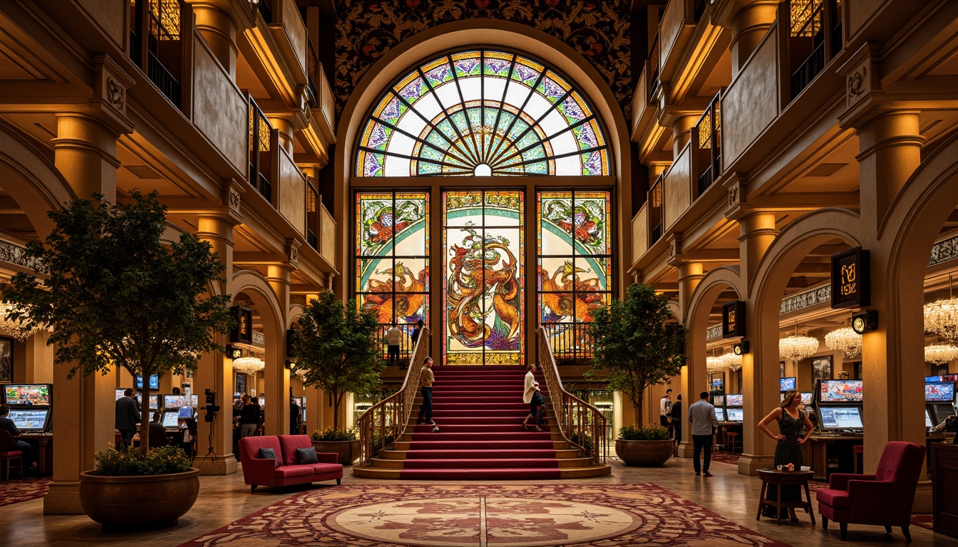 Prompt: Opulent casino, lavish decorations, intricate ironwork, ornate moldings, flowing organic lines, curvaceous silhouettes, vibrant stained glass windows, grand chandeliers, luxurious velvet fabrics, gilded accents, marble floors, majestic archways, sweeping staircases, dramatic lighting effects, warm golden tones, rich jewel-toned colors, Art Nouveau patterns, whimsical florals, mythical creatures, ornate typography, subtle textures, shallow depth of field, 1/1 composition, soft focus, atmospheric perspective.