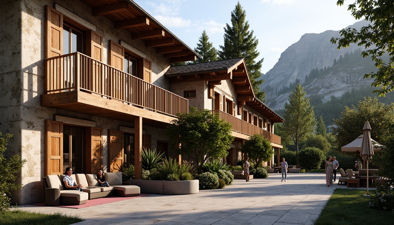 Prompt: Rustic hotel facade, earthy tones, wooden accents, natural stone walls, curved lines, traditional ornaments, vibrant local colors, ornate balconies, intricately carved doors, regional patterns, warm ambient lighting, soft shadows, shallow depth of field, 1/1 composition, realistic textures, ambient occlusion, lush greenery, flowering vines, scenic mountain views, serene atmosphere, cozy outdoor seating areas.