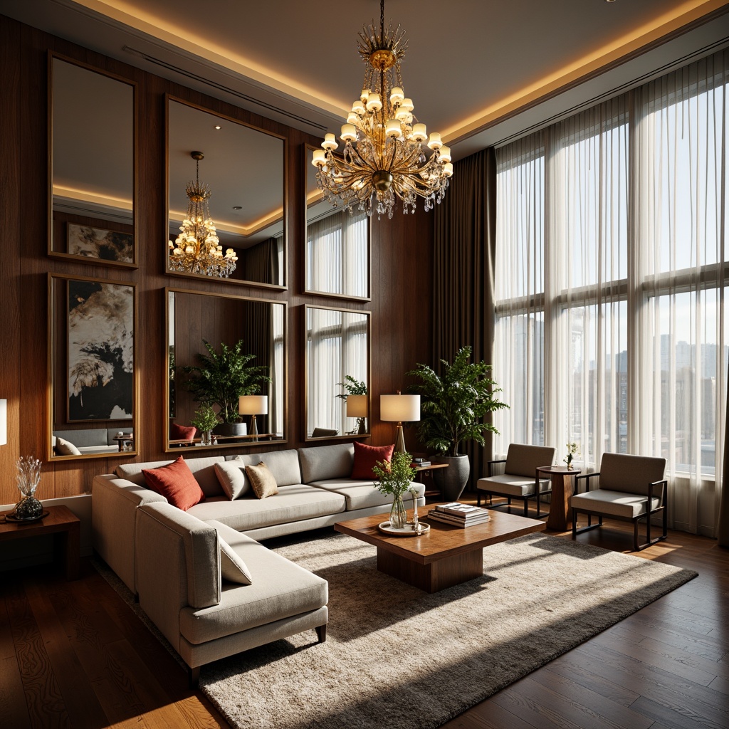 Prompt: Luxurious living room, high ceiling, grand chandelier, plush sectional sofa, rich wood flooring, floor-to-ceiling windows, sheer curtains, ornate mirror frames, metallic accents, modern art pieces, sophisticated color palette, cozy reading nook, soft warm lighting, shallow depth of field, 3/4 composition, realistic textures, ambient occlusion.