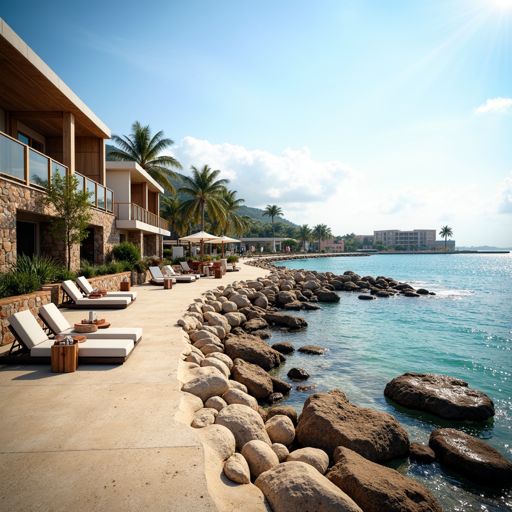 Prompt: Sandy coastline, rocky shores, ocean views, beachside promenade, seaside resort buildings, modern architecture, glass facades, wooden decks, nautical-themed decorations, driftwood accents, coral-inspired patterns, turquoise waters, sunny day, soft warm lighting, shallow depth of field, 3/4 composition, panoramic view, realistic textures, ambient occlusion.