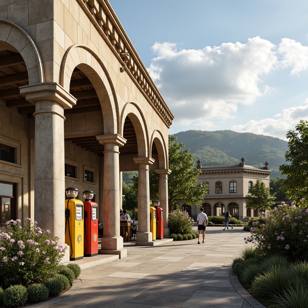 Prompt: Rustic gas station, neoclassical columns, ornate facades, grand archways, symmetrical composition, lush greenery, blooming flowers, vintage fuel pumps, retro-style signage, natural stone walls, beige stucco exteriors, elegant lanterns, warm soft lighting, shallow depth of field, 3/4 composition, panoramic view, realistic textures, ambient occlusion, rolling hills, serene countryside, sunny afternoon, fluffy white clouds.