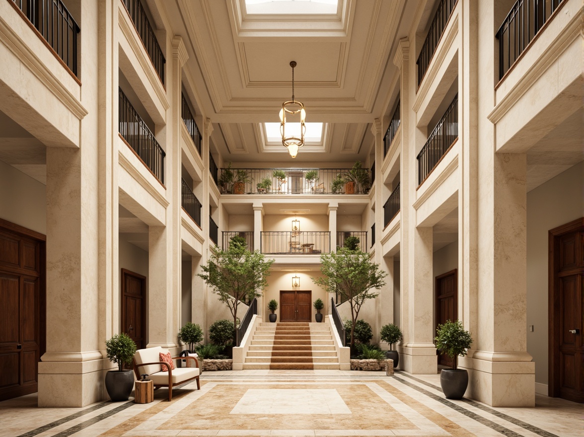 Prompt: Elegant neoclassical building, cream-colored stone facade, ornate details, ionic columns, symmetrical composition, soft warm beige tones, subtle golden accents, rich brown wood textures, intricate moldings, grand entranceways, sweeping staircases, luminous chandeliers, refined marble floors, majestic high ceilings, abundant natural light, shallow depth of field, 1/1 composition, classical proportions.