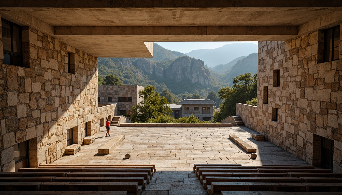 Prompt: Rugged concrete amphitheater, brutalist architecture, natural stone walls, weathered wooden benches, open-air performance space, dramatic shading, harsh sunlight, warm golden lighting, deep shadows, industrial textures, raw materiality, monumental structure, imposing scale, asymmetrical composition, bold geometric forms, distressed finishes, earthy tones, organic shapes, atmospheric mist, soft focus, cinematic mood, 2.35