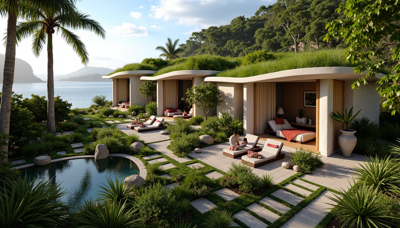 Prompt: Secluded tropical resort, lush green roofs, natural stone walls, wooden accents, eco-friendly materials, organic shapes, seamless indoor-outdoor transitions, floor-to-ceiling windows, sliding glass doors, panoramic ocean views, misty morning atmosphere, warm soft lighting, 1/1 composition, realistic textures, ambient occlusion, vibrant colorful textiles, intricate botanical patterns.