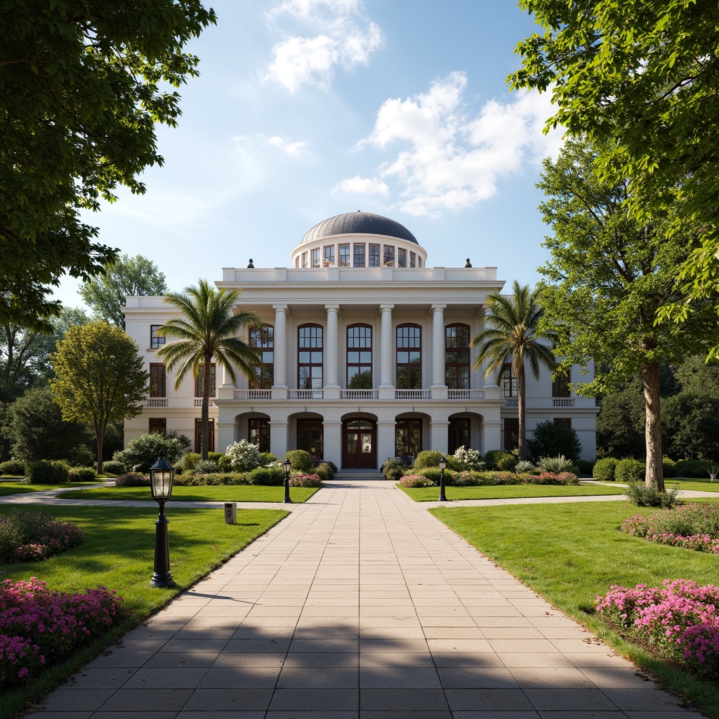 Prompt: Majestic courthouse building, neoclassical architecture, granite columns, ornate facades, symmetrical design, manicured lawns, blooming flowerbeds, majestic oak trees, walking paths, historic lamp posts, natural stone paving, vibrant greenery, sunny day, soft warm lighting, shallow depth of field, 3/4 composition, panoramic view, realistic textures, ambient occlusion.