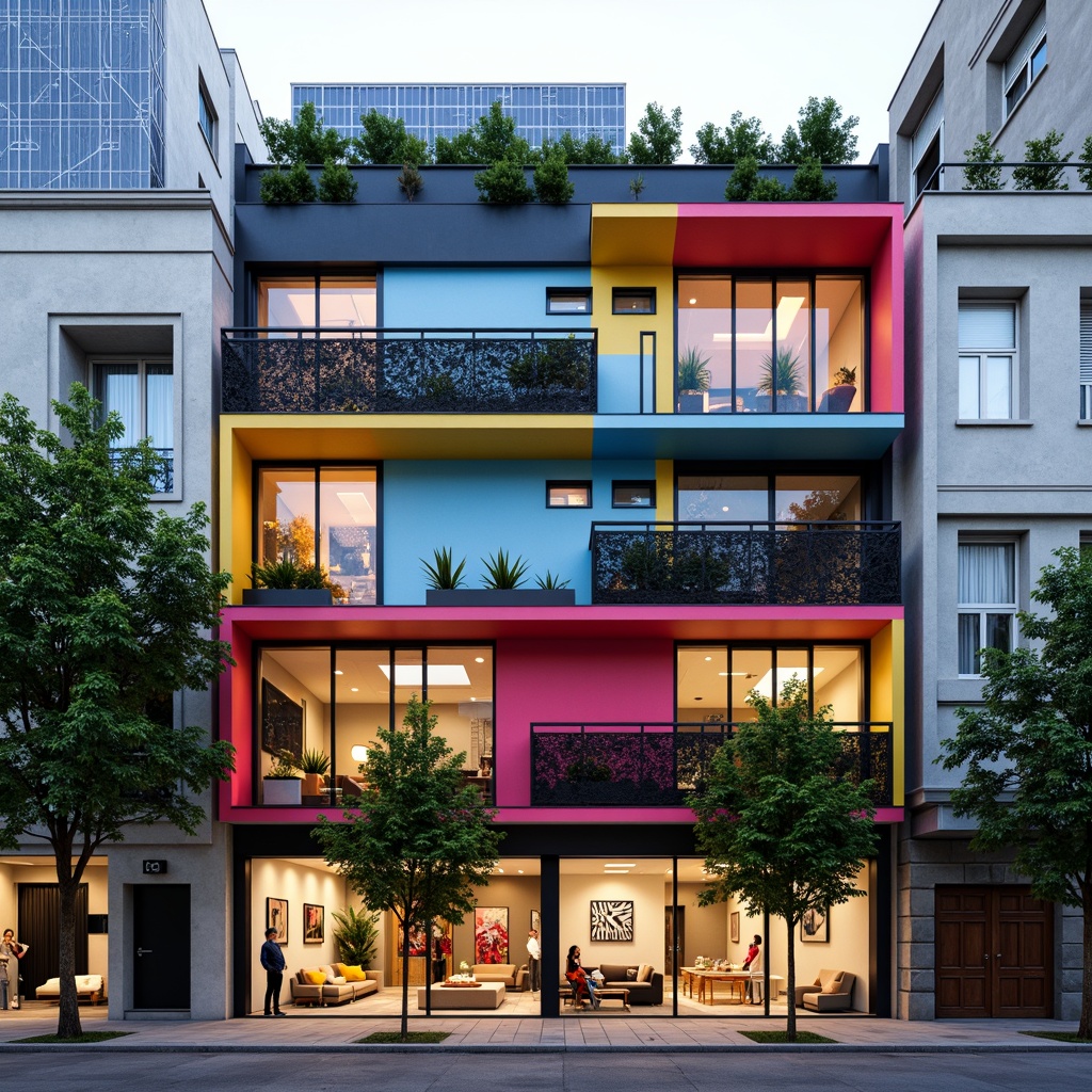 Prompt: Vibrant residential fa\u00e7ade, bold color blocking, asymmetrical composition, irregular shapes, dynamic angular lines, cantilevered balconies, futuristic materials, metallic mesh cladding, LED lighting installations, urban cityscape, dense neighborhood, pedestrian-friendly streets, green roofs, solar panels, rainwater harvesting systems, vertical gardens, natural ventilation systems, double-glazed windows, minimalist door handles, abstract graffiti art, eclectic furniture arrangements, cozy interior courtyards, warm ambient lighting, 3/4 composition, shallow depth of field.