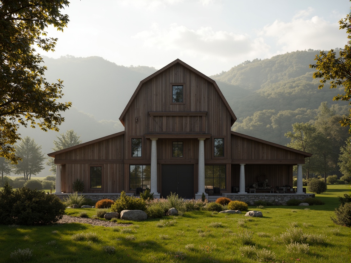 Prompt: Rustic barn, neoclassical fa\u00e7ade, wooden accents, stone walls, rolling hills, lush green meadows, mature trees, serene countryside, misty morning, warm soft lighting, shallow depth of field, 1/2 composition, symmetric framing, natural textures, ambient occlusion, vintage farm equipment, distressed wood, earthy color palette, classic columns, ornate details, subtle rustic charm.