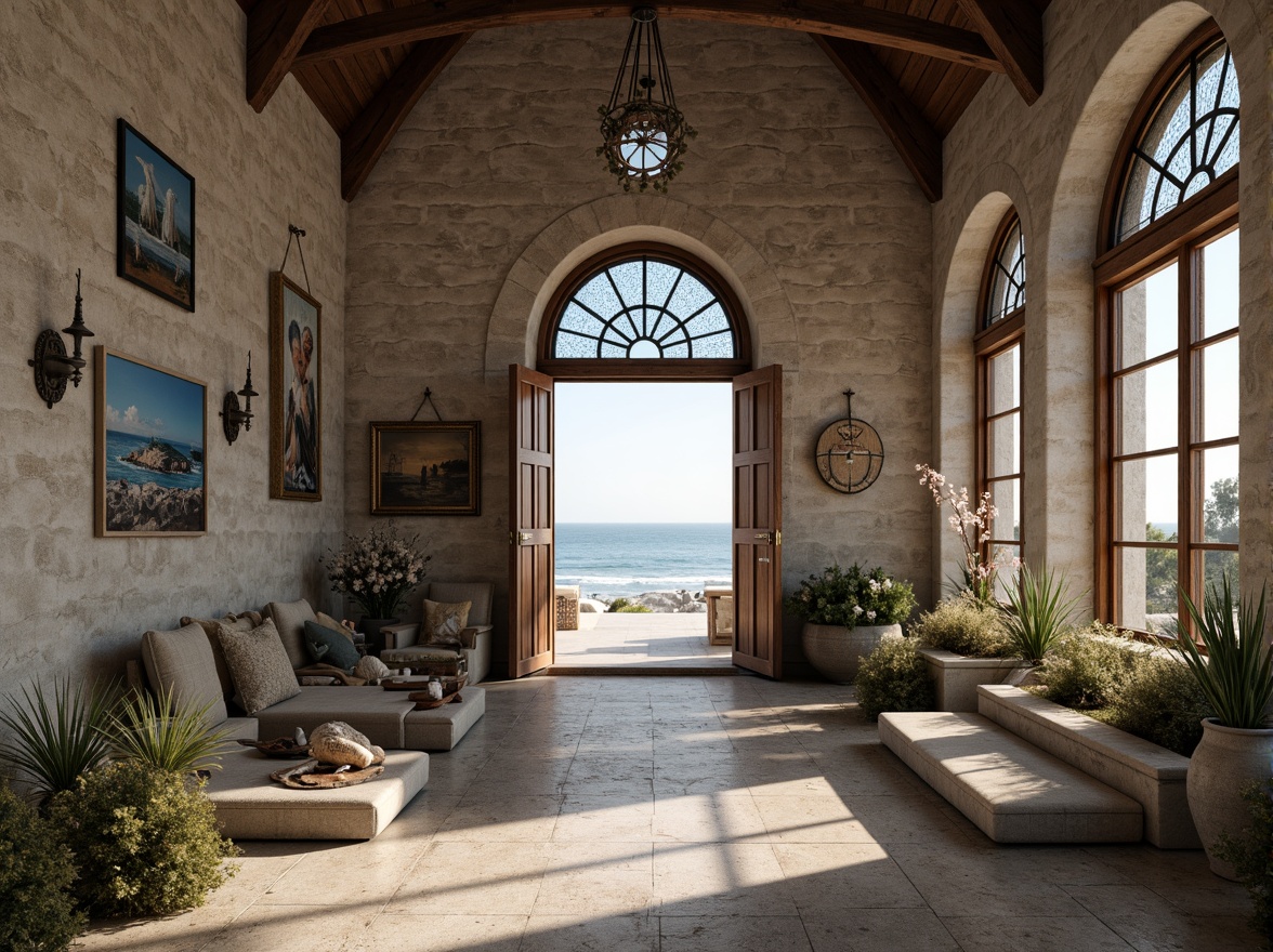 Prompt: Weathered stone fa\u00e7ade, rustic wooden doors, stained glass windows, nautical-themed decorations, driftwood accents, seashell-adorned altarpieces, ocean-inspired murals, vaulted ceilings, ornate ribbing, distressed finishes, sandy floors, beachy color palette, soft natural lighting, subtle coastal scents, serene ambiance, minimal ornamentation, functional simplicity, rectangular floor plan, symmetrical composition, gentle ocean breeze, sounds of seagulls, panoramic views of the coast, realistic textures, ambient occlusion.