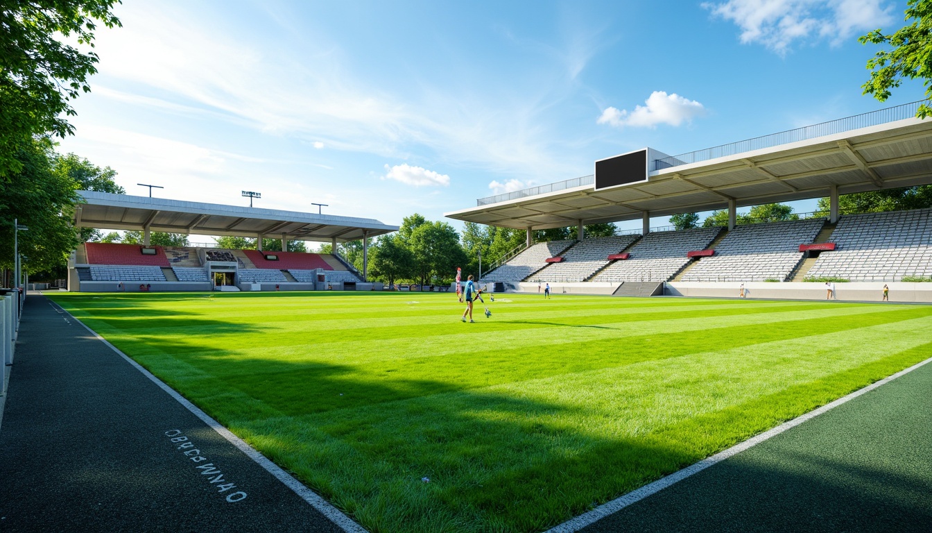 Prompt: Vibrant sports field, lush green grass, athletic track, rubberized surfaces, durable artificial turf, weather-resistant stadium seats, metal goalposts, safety fencing, modern scoreboard displays, LED lighting systems, clear acrylic windscreens, drainage systems, shock-absorbing flooring, anti-slip coatings, eco-friendly materials, sustainable irrigation methods, natural stone walkways, minimalist design, 3/4 composition, shallow depth of field, panoramic view.