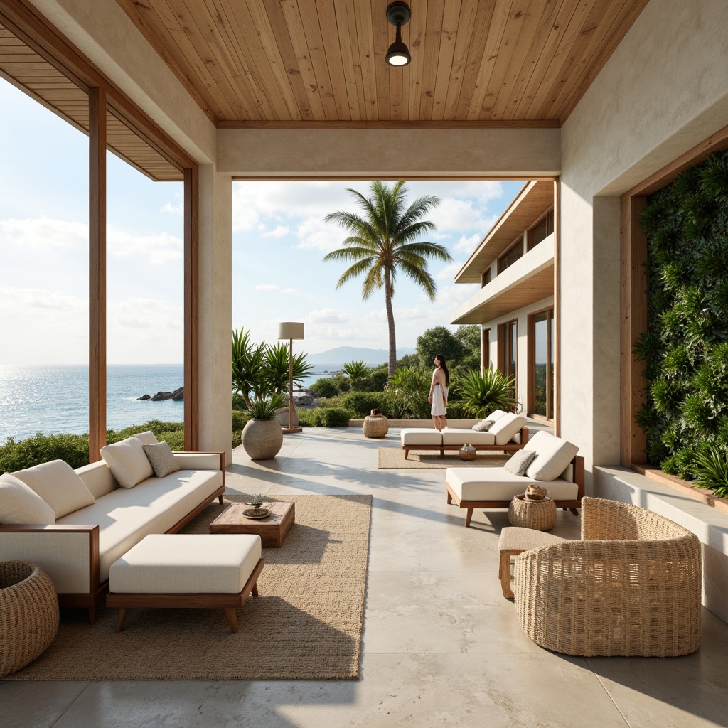 Prompt: Minimalist beachside villa, floor-to-ceiling windows, sliding glass doors, ocean views, wooden accents, natural textures, soft beige tones, cream-colored walls, polished concrete floors, modern furniture, sectional sofas, pendant lamps, coastal-inspired decor, driftwood coffee tables, woven rattan armchairs, tropical plants, vertical green walls, natural ventilation, open-plan living areas, functional storage spaces, panoramic ocean views, warm sunny day, shallow depth of field, 3/4 composition, realistic textures, ambient occlusion.