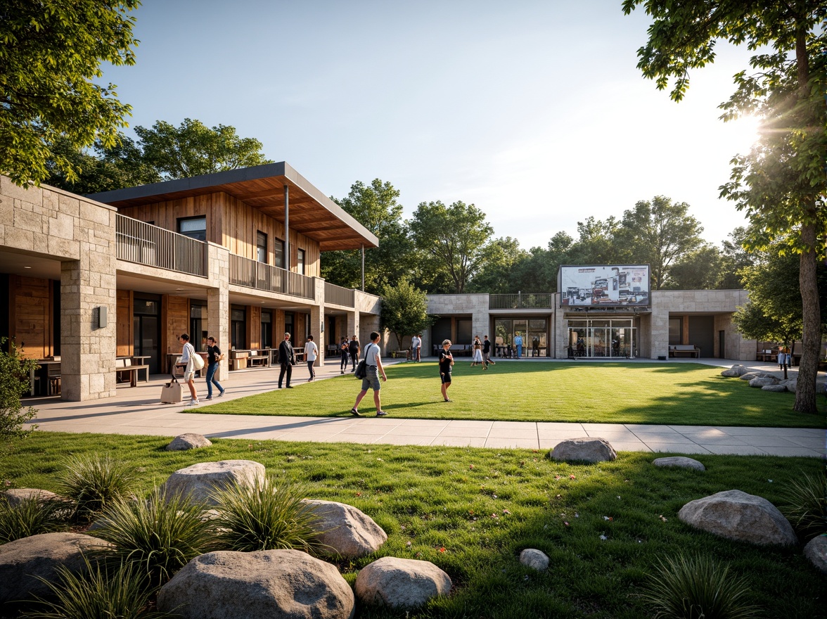 Prompt: Rustic gymnasium building, regionalism style architecture, natural stone fa\u00e7ade, wooden accents, earthy color palette, lush greenery, native plants, curved lines, organic shapes, outdoor courtyard, athletic tracks, sports fields, stadium seating, modern fitness equipment, steel beams, exposed ductwork, industrial chic lighting, warm sunny day, soft focus, shallow depth of field, 2/3 composition, natural textures, ambient occlusion.