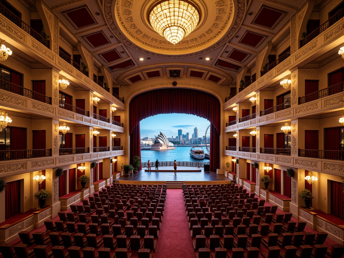 Prompt: Dramatic opera house, grand staircase, ornate balconies, velvet curtains, golden chandeliers, majestic auditorium, scenic backdrops, sophisticated lighting systems, elegant foyers, lavish interior design, sweeping arches, ornamental columns, waterfront location, Sydney Harbour views, sailboat-inspired architecture, nautical themes, ocean breeze, sunny day, soft warm lighting, shallow depth of field, 1/1 composition, symmetrical framing, realistic textures, ambient occlusion.Please let me know if this meets your requirements!