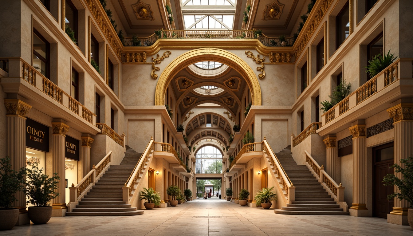 Prompt: Grandiose commercial building, ornate Baroque facade, golden decorations, intricate carvings, curved lines, grand arches, imposing columns, marble-clad walls, opulent entrance, sweeping staircases, dramatic lighting, warm beige tones, rich textures, subtle animations, cinematic depth of field, 1/1 composition, symmetrical framing, atmospheric rendering, realistic reflections.