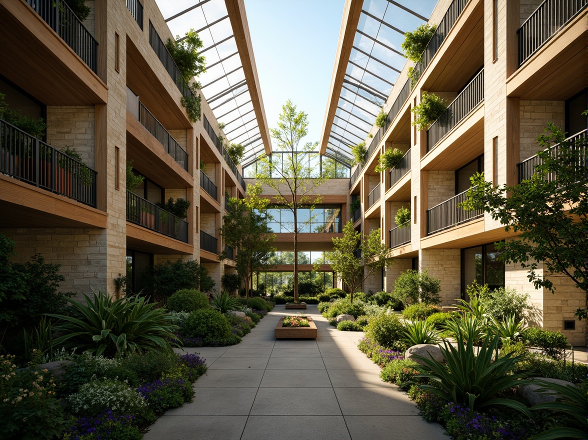 Prompt: Vibrant atrium, lush greenery, natural stone walls, floor-to-ceiling windows, transparent glass roofs, minimalist interior design, ambient lighting, soft warm tones, earthy color palette, organic textures, wooden accents, botanical patterns, morning sunlight, afternoon shadows, golden hour glow, low-angle photography, shallow depth of field, 1/1 composition, realistic renderings.