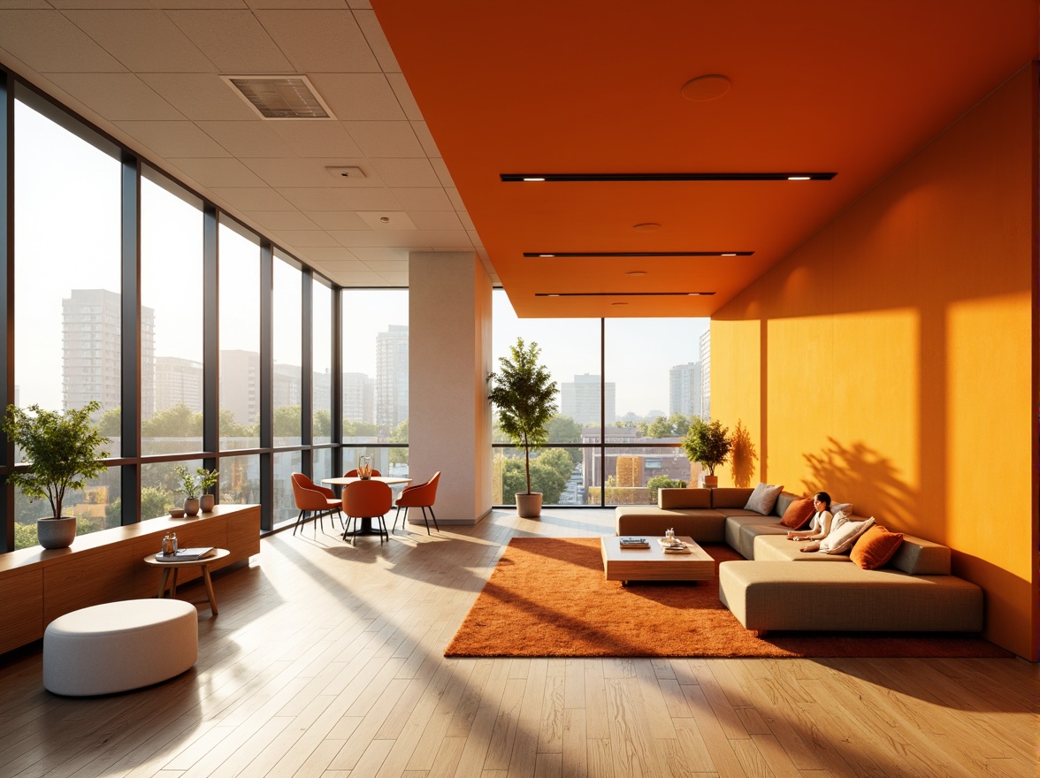 Prompt: Vibrant persimmon accent walls, sleek modern office buildings, minimalist interior design, open-plan workspaces, ergonomic furniture, warm beige flooring, rich wood textures, floor-to-ceiling windows, abundant natural light, softbox lighting, collaborative breakout areas, vibrant orange-yellow hues, subtle gradient effects, 1/1 composition, realistic reflections, ambient occlusion.