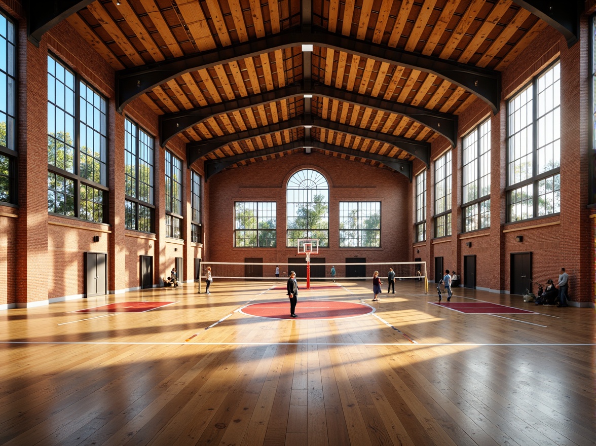 Prompt: Rustic wooden flooring, exposed brick walls, industrial-style metal beams, high ceilings, large windows, natural light pouring in, regional-inspired color palette, earthy tones, bold geometric patterns, functional sports equipment, basketball hoops, volleyball nets, athletic tracks, modern LED lighting, dynamic shadows, 1/1 composition, shallow depth of field, realistic textures, ambient occlusion.