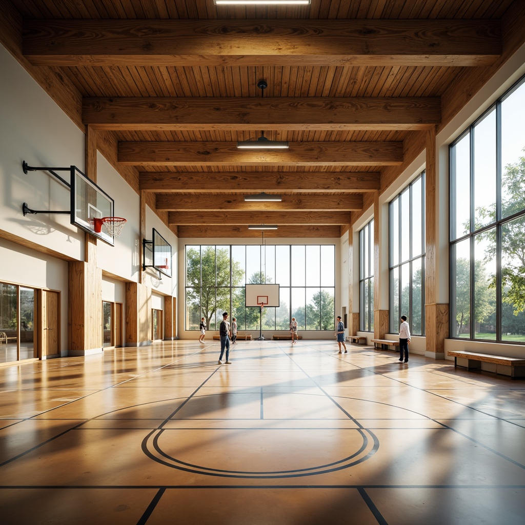 Prompt: Well-lit gymnasium interior, high ceilings, large windows, natural light pouring in, bright atmosphere, sports equipment, basketball hoops, wooden flooring, athletic tracks, mirrored walls, modern architecture, minimalist design, sleek lines, open spaces, airy feel, soft shadows, warm color palette, subtle textures, realistic reflections, shallow depth of field, 3/4 composition, panoramic view.