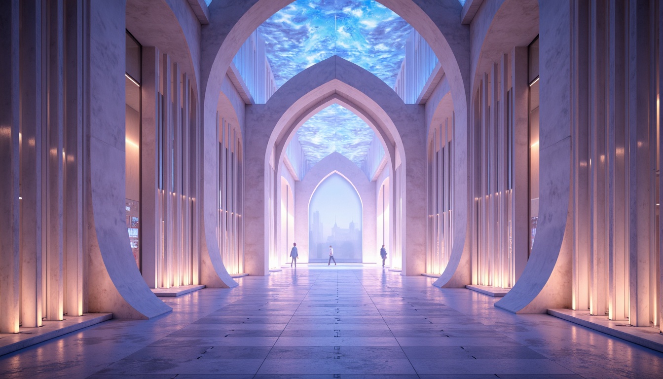 Prompt: Ethereal entrance, iridescent gates, glowing archways, luminous columns, shimmering curtains, translucent canopies, crystal-like structures, refractive prisms, radiant beams, soft warm lighting, gentle glows, misty ambiance, serene atmosphere, minimalist design, sleek modern architecture, futuristic aesthetic, abstract patterns, holographic effects, 3D illusions, shallow depth of field, panoramic view.