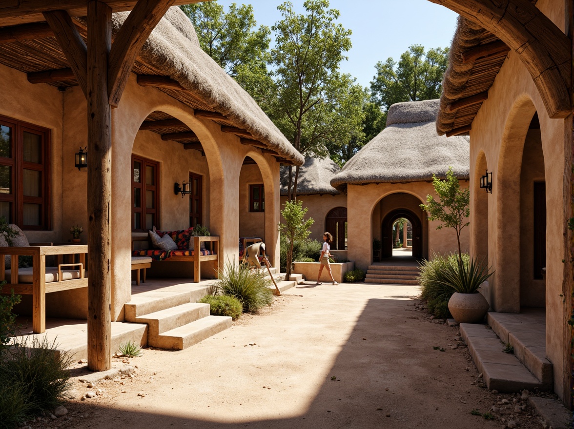 Prompt: Rustic village setting, earthen walls, thatched roofs, wooden accents, natural stone foundations, curved archways, ornate carvings, vibrant colorful textiles, earthy tone palette, warm soft lighting, shallow depth of field, 1/1 composition, realistic textures, ambient occlusion, incorporating local materials, sustainable building practices, eco-friendly design solutions, traditional craftsmanship, cultural heritage preservation, organic forms, natural ventilation systems, open-air courtyards, lush greenery surroundings.