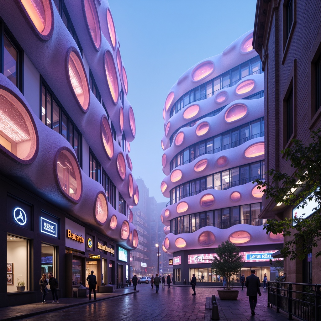 Prompt: Iridescent blob-shaped buildings, translucent membranes, soft glowing lights, amorphous structures, flowing curves, gelatinous textures, iridescent colors, shimmering effects, holographic patterns, futuristic ambiance, neon-lit streets, urban landscape, misty atmosphere, atmospheric perspective, cinematic lighting, high-contrast rendering, vibrant color grading, 1/2 composition, shallow depth of field, wide-angle lens.