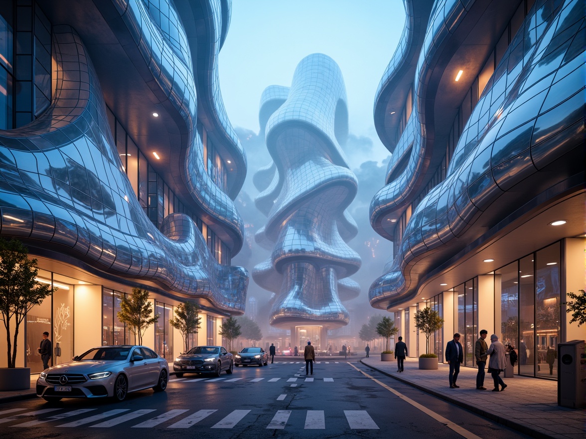 Prompt: Ethereal blob-shaped buildings, iridescent translucent facades, luminous glow effects, undulating curves, futuristic architecture, sleek metallic structures, mirrored reflective surfaces, neon-lit ambiance, misty atmospheric conditions, soft warm lighting, shallow depth of field, 3/4 composition, panoramic view, realistic textures, ambient occlusion.