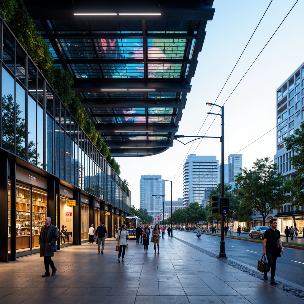 Prompt: Modern tram station, sleek glass facade, cantilevered rooflines, vibrant LED lighting, urban cityscape, bustling streets, morning commute, natural stone flooring, steel beams, minimalist interior design, futuristic aesthetic, dynamic curves, parametric architecture, green roofs, solar panels, energy-efficient systems, large windows, sliding glass doors, intricate metal patterns, urban connectivity, busy pedestrian traffic, shallow depth of field, 1/1 composition, panoramic view.