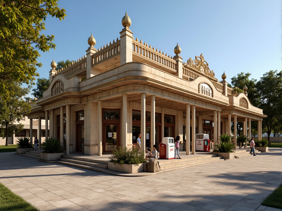 Prompt: \Ornate gas station, neoclassical architecture, grandiose columns, intricate moldings, symmetrical fa\u00e7ade, earthy tone color palette, warm beige walls, rich brown roofs, golden accents, ornamental lanterns, classic typography, vintage petrol pumps, rustic stone floors, lush greenery, sunny day, soft natural lighting, shallow depth of field, 1/2 composition, realistic textures, ambient occlusion.\Let me know if this meets your requirements!