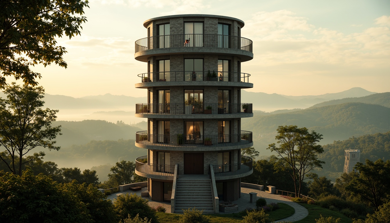 Prompt: Tall, cylindrical watching tower, rustic stone walls, wooden accents, observation decks, binoculars, telescopes, scenic vistas, rolling hills, misty mornings, warm golden lighting, shallow depth of field, 1/1 composition, symmetrical framing, natural textures, atmospheric effects, eerie silence, mysterious ambiance, verdant surroundings, lush foliage, twisted tree branches, rugged stone foundations, weathered wooden beams.