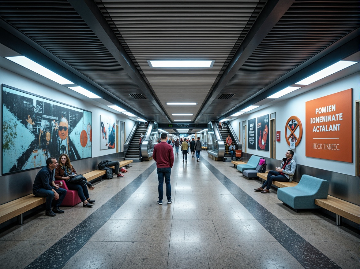 Prompt: Vibrant metro station interior, modern architecture, sleek lines, minimalist design, large open spaces, high ceilings, natural stone flooring, stainless steel handrails, LED lighting systems, futuristic escalators, comfortable seating areas, urban-inspired artwork, bustling atmosphere, rush hour scenes, shallow depth of field, 1/2 composition, panoramic view, realistic textures, ambient occlusion.